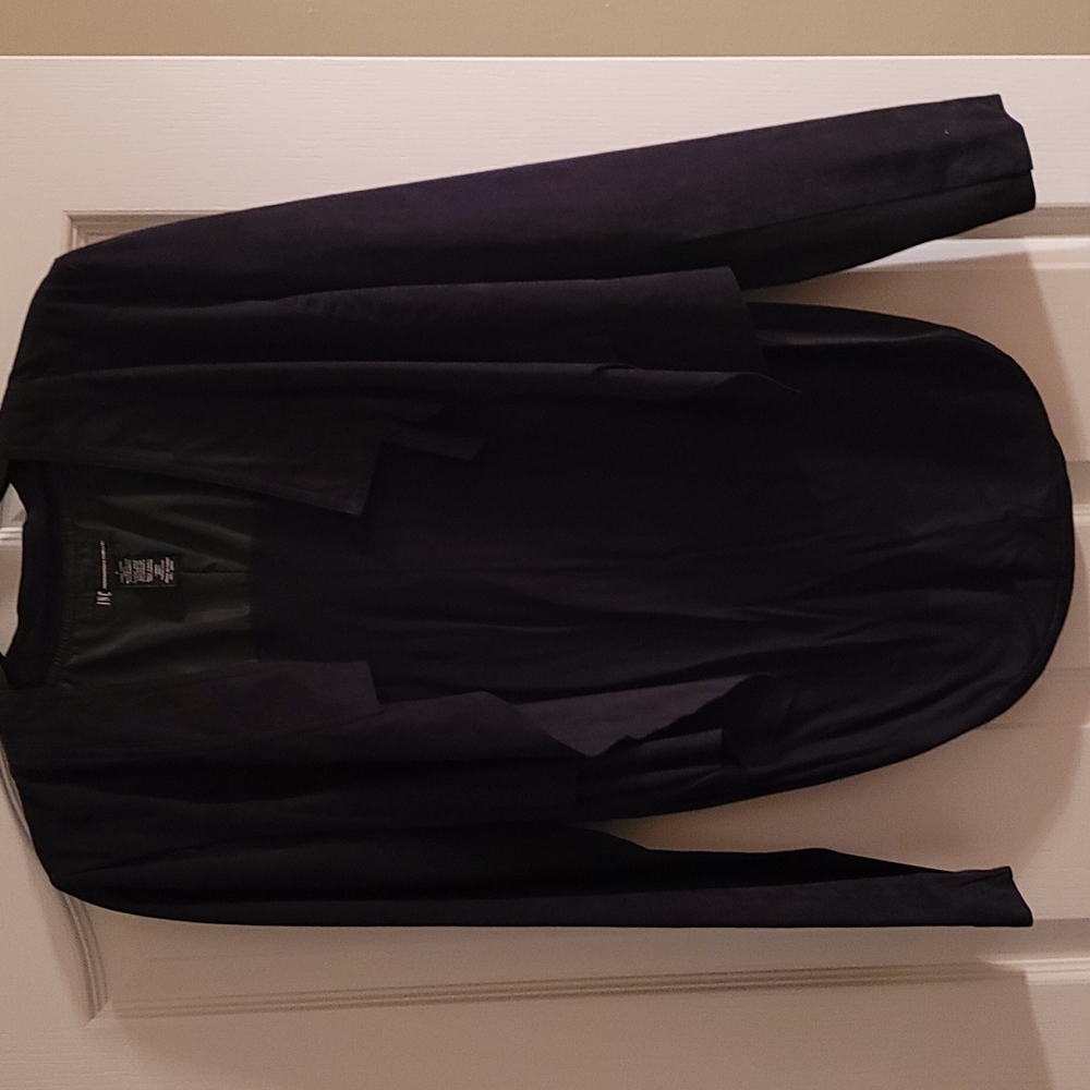 Black faux suede jacket. No buttons drapes in front